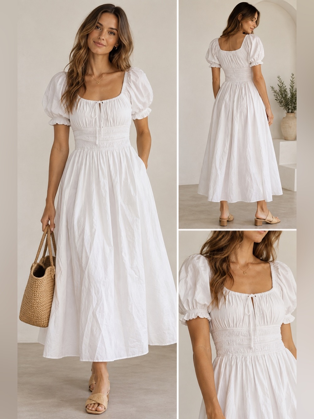 Sorella Atelier- Fenella Cotton Dress White Puff Sleeve Midi Dress NWT Small
